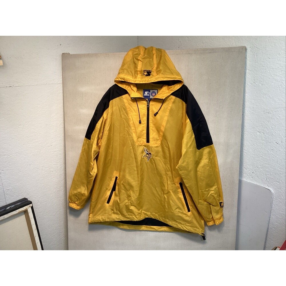 vintage starter minnesota vikings jacket sz L 1/2 zip yellow hooded coated rain